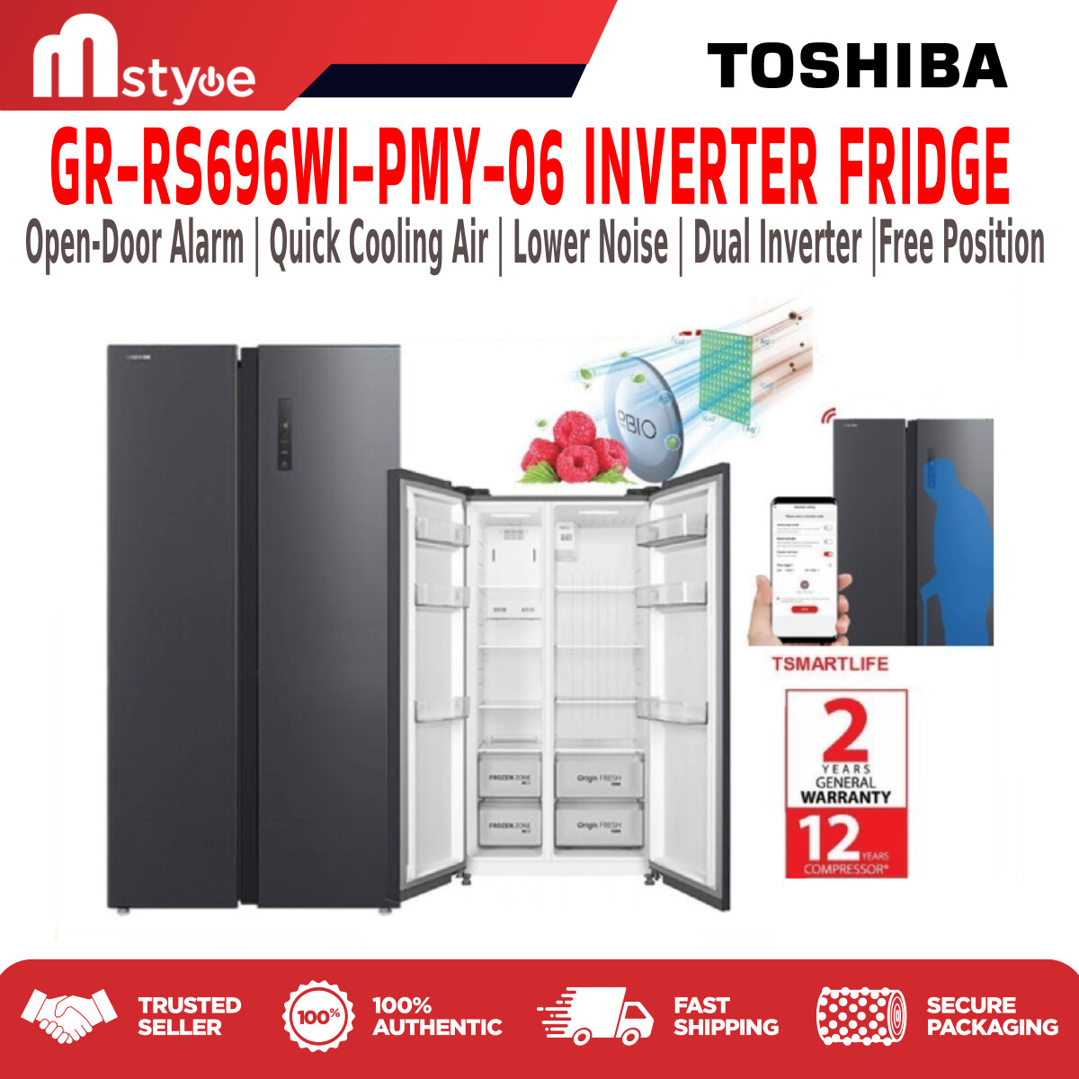 TOSHIBA GR-RS696WI-PMY-06 Side By Side Door Inverter Fridge 620L Smart ...