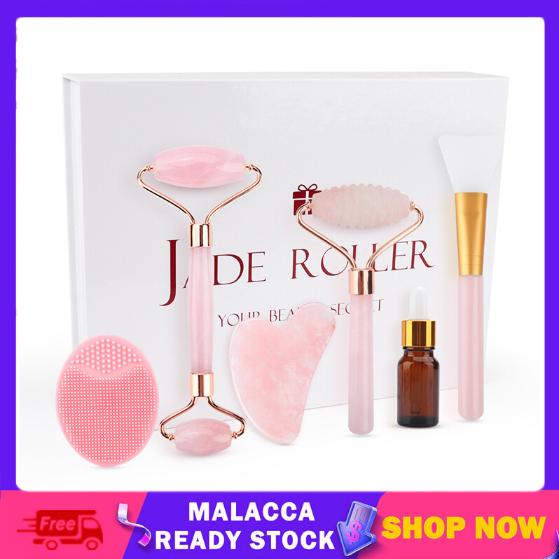 【Gift Set】6pcs/Set Rose Quartz Jade Roller Genuine Jade Stone Massage Natural Facial Beauty Massage Tool Jade Roller Guasha