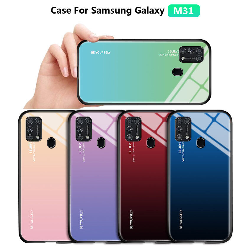 Hontinga For Samsung Galaxy M31 Case Luxury Aurora Rainbow Casing Gradient Series Case Shockproof Tempered Glass Handphone Case Back Cover