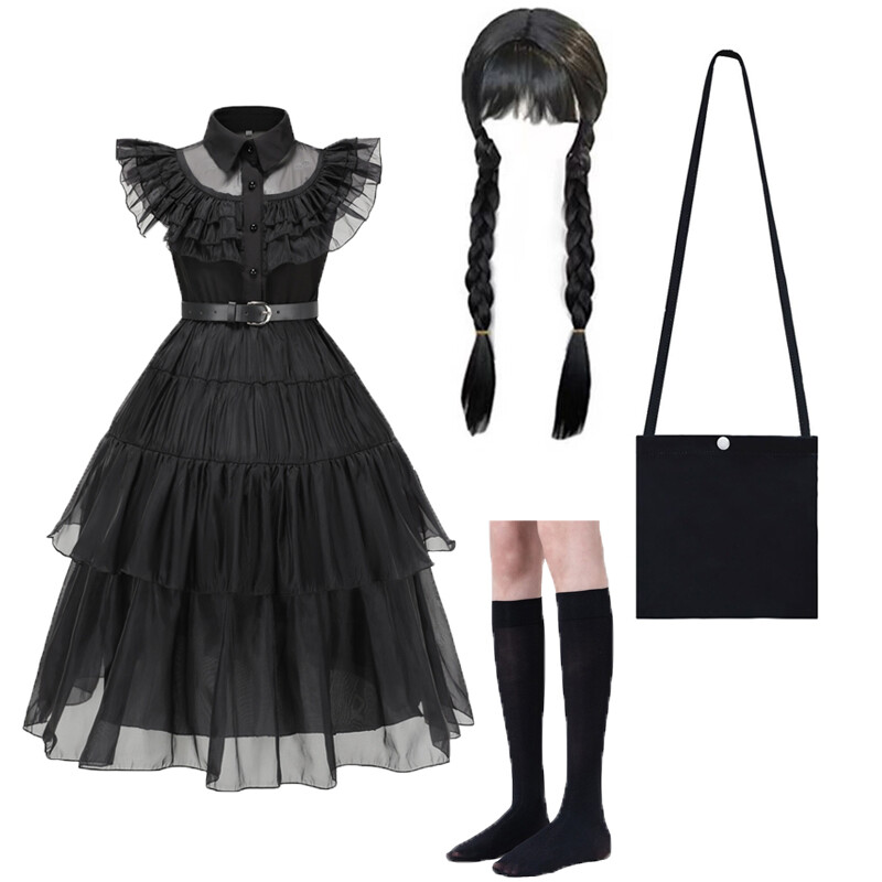 Movie The Addams Family Costume For Kids Girls Birthday Party Dress Wednesday Addams Black Mesh TUTU Dress Baby Princess Dress