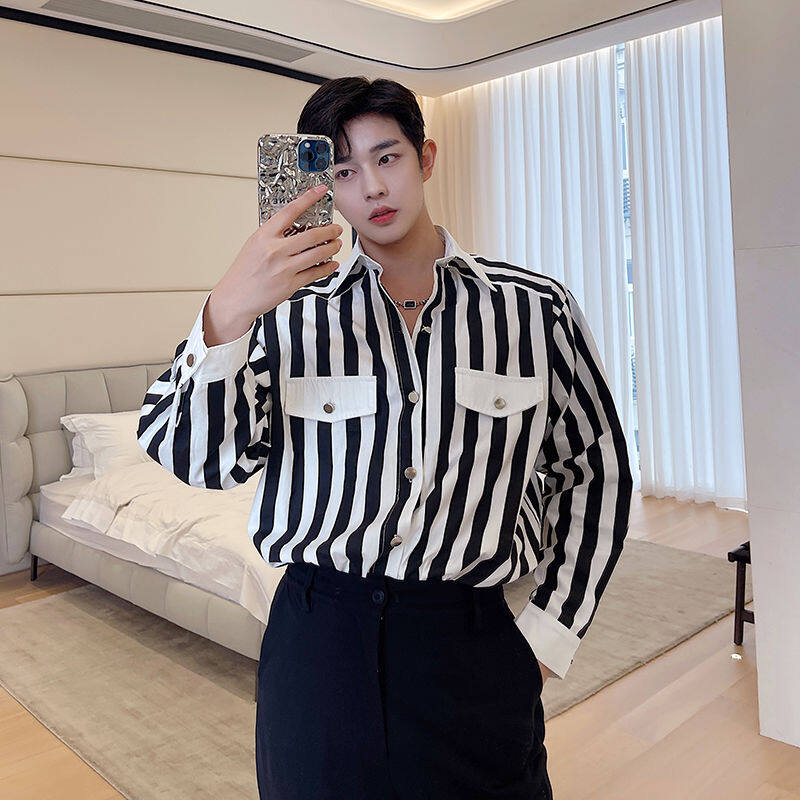 High-grade Black and White Striped Shirt Men Long Sleeve Korean Version of Temperament Hanging Casual Shirt Hair Stylist Tide Male Blouse