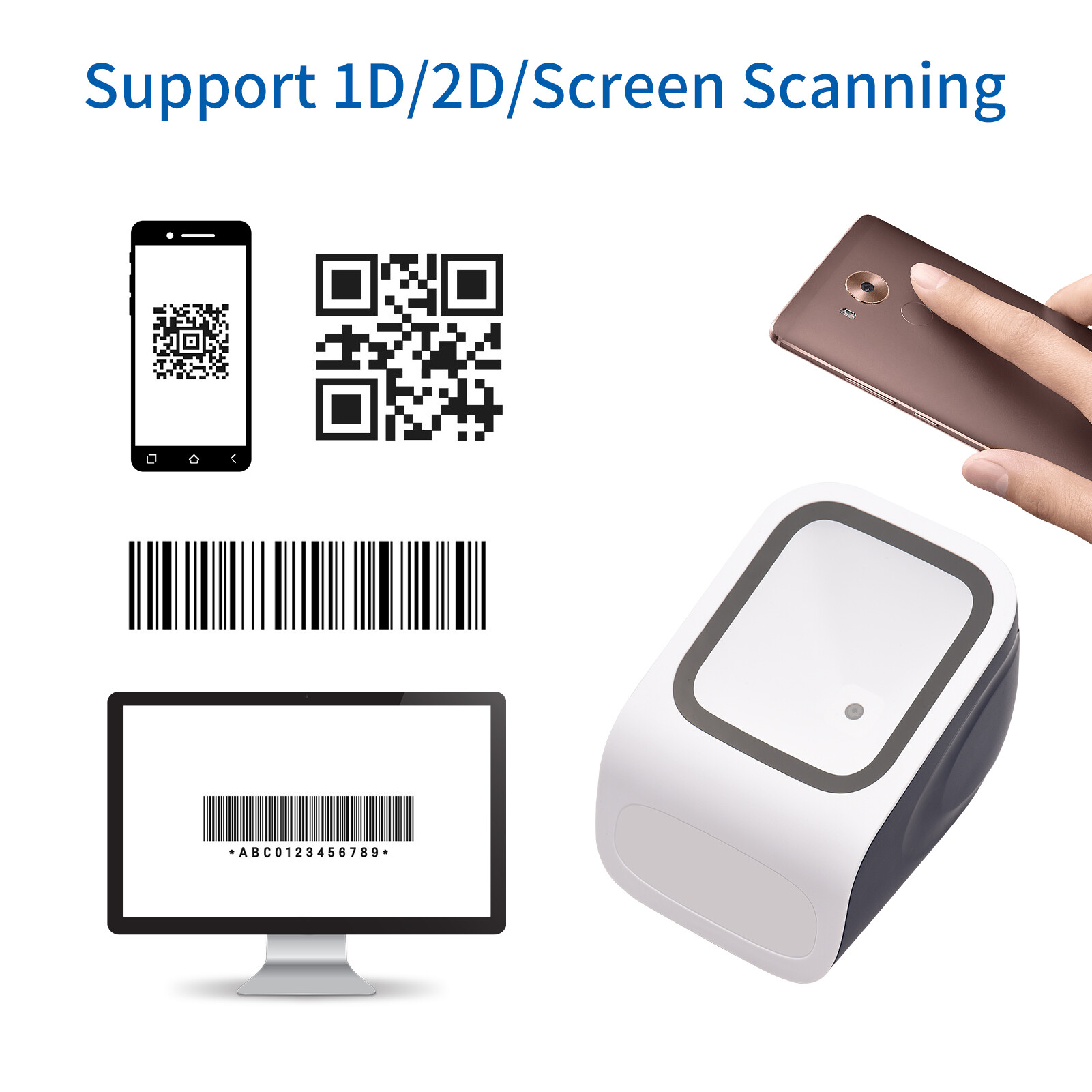 Máy Quét Mã Vạch Để Bàn 1D 2D QR Nền Tảng Máy Đọc Mã Vạch Có Dây USB Rảnh Tay Máy Quét Plug & Play Tương Thích Với Hệ Thống Android Cửa Sổ Quét Lớn Cho Thư Viện Siêu Thị Cửa Hàng Bán Lẻ Thanh Toán Di Động Quét Màn Hình Máy Tính