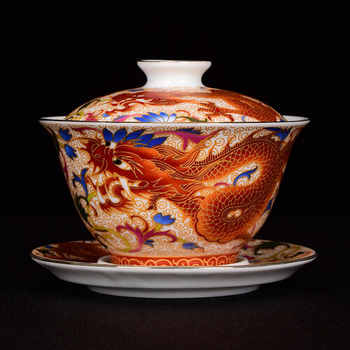 Dragon and Phoenix Cover Bowl Tea Cup Enamel Kung Fu Tea Color Set Jingcha Bowl Tea Cup Sancai Cover Bowl Ceramic Large Tea Pot