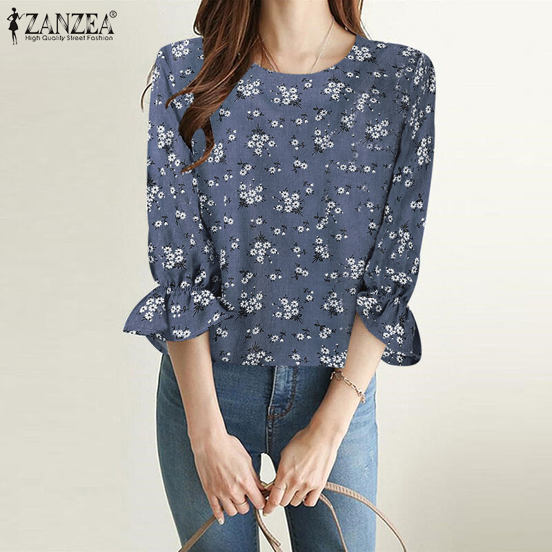 [free Shipping] Zanzea Korean Style Women Floral Printed Tops Ruffle 3 4 Sleeve Office Lady