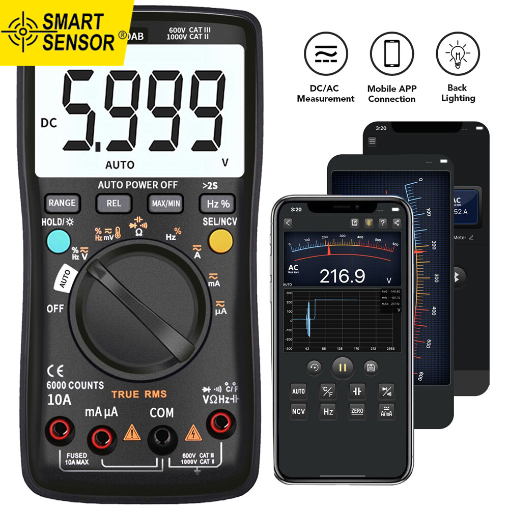 Smart Sensor Multimeter Auto/Manual Range Digital Universal Meter 6000 Counts LCD Display True RMS Smart AC/DC Voltage Current Meter with BT Function AC/DC Voltage Current Resistance Capacitance Frequency Temperature Duty Cycle Measurement