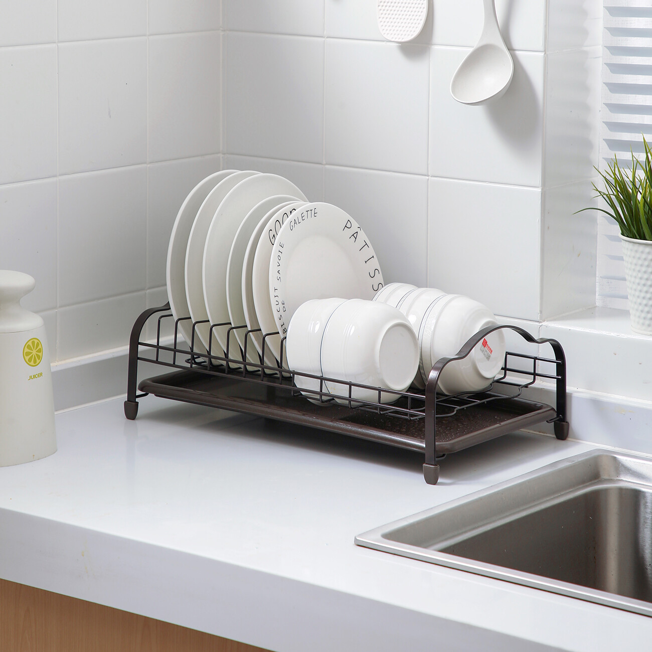 CNMF Iron Drain Rack Double-layer Dish Holder with Drain Tray Sink Tableware Storage Rack