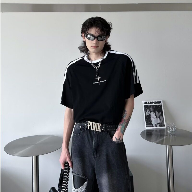 MAYCHEER Cityscape Hipster short sleeves INS new crewneck T-shirt Double gauze zipper open shoulder top Crewneck T-shirt Personality T-shirt