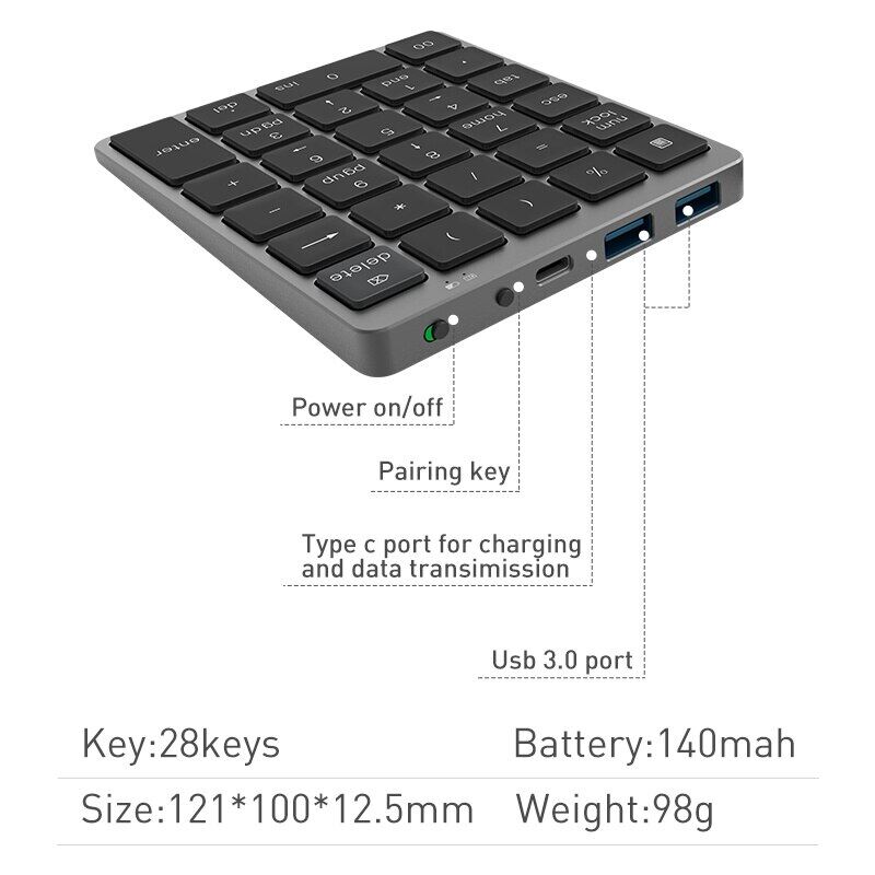 Bàn Phím Số Bluetooth 28 Phím Jelly Comb Với Bộ Chia USB 3.0 Cho Máy Tính Bảng Máy Tính Xách Tay Máy Tính Để Bàn Có Thể Sạc Lại Bằng Kim Loại Kỹ Thuật Số