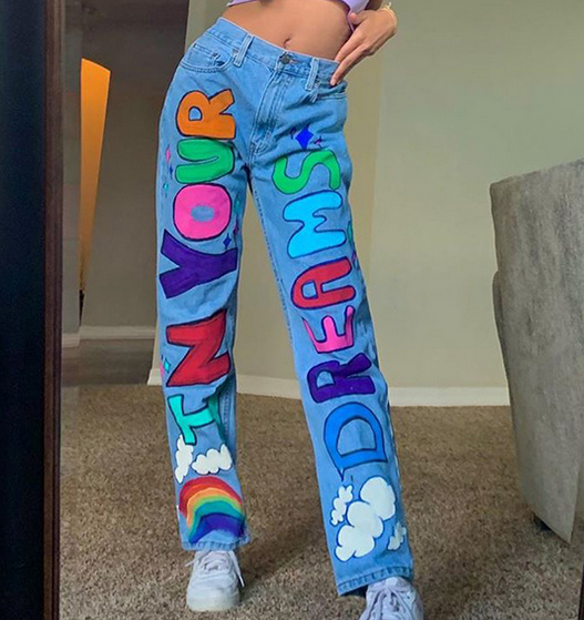 Women's High Waist Jeans, Loose Trousers With Painted Pockets, Female Autumn Straight Jeans Hip-hop Style Wear