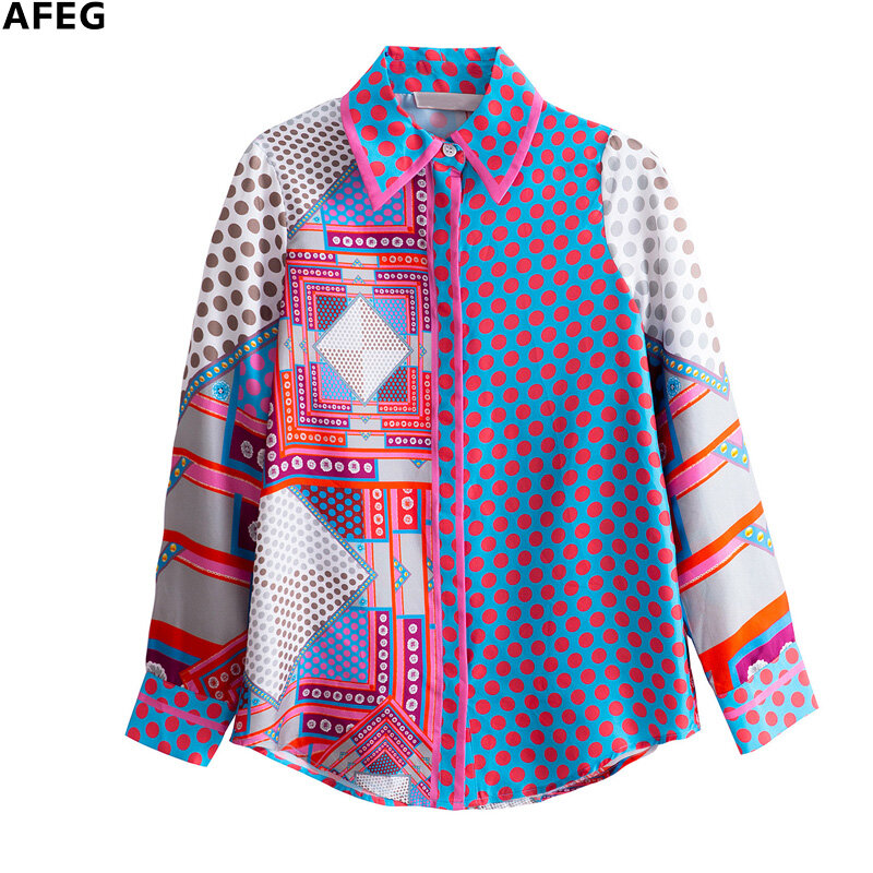 AFEG new Korean style shirt collar fashion loose wild retro elegant printing silk long-sleeved blouse