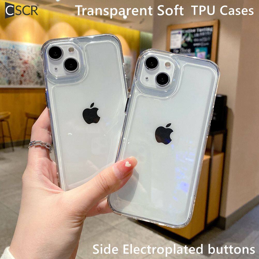Clear soft case for iphone 13 soft tpu transparent case for iphone 14 13 12 11 pro xs max xr x 8 7 6 plus space shockproof shell cover electroplated metal button iphone case