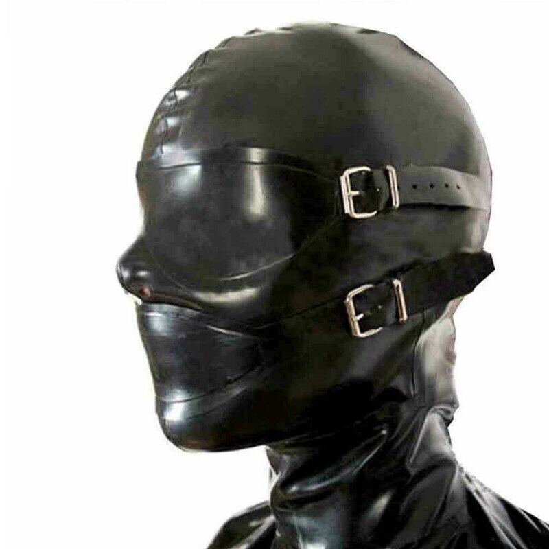 Black Faux Leather Eye Blind Zip Mouth Head Harness Hood Helmet Slave Cosplay 