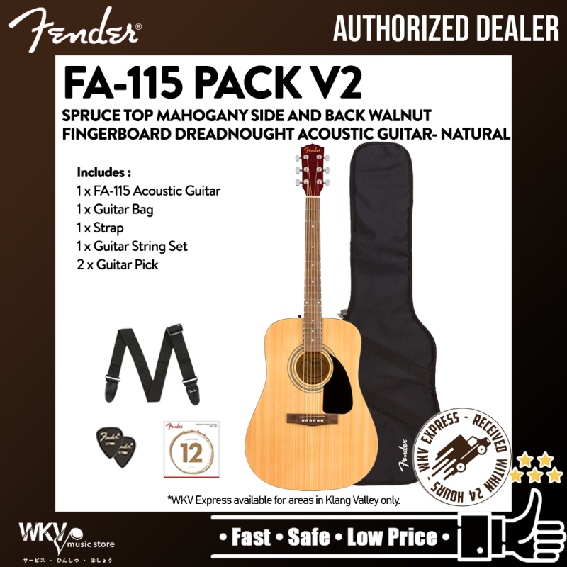 Fender FA-115 Dreadnought Acoustic Guitar Pack V2 Spruce Top Mahogany Back Sides Walnut Finger Board with Bag Strap Pick Malaysia