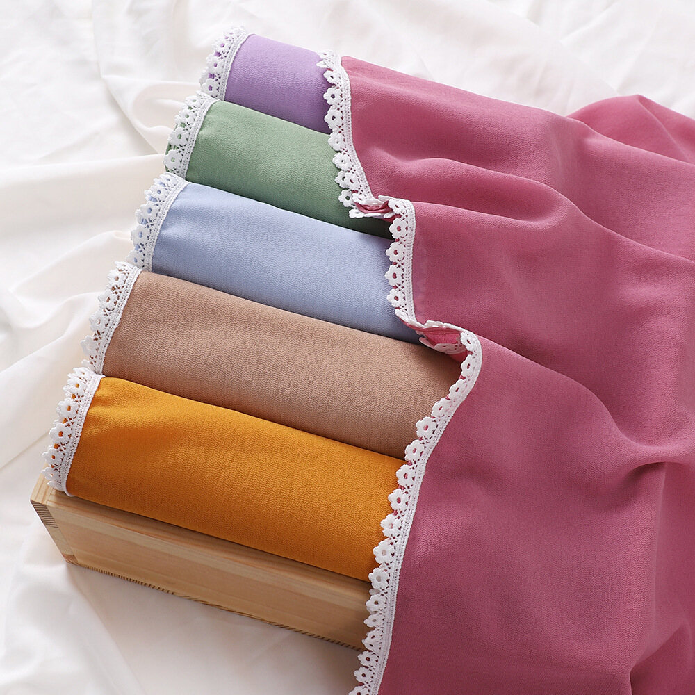 Jifang White Small Floral Lace Decor Edge Plain Bubble Chiffon Shawl Pashmina Muslim Hijabs Shawls Head Scarf Wraps WJ920
