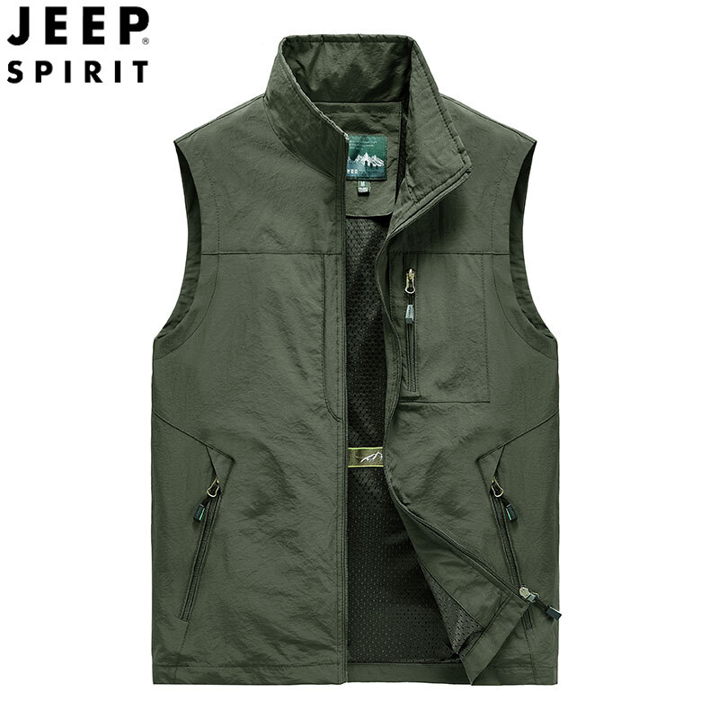 JEEP SPIRIT Men's Jacket Vest Multi-pocket Waterproof Sleeveless Thin Style Mountaineering Photographer Outdoor