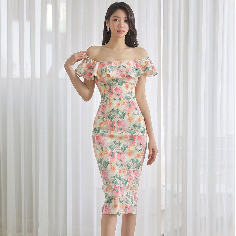 Impression Fashion Women Elegant Korean Floral Off The Shoulder Short Ruffle Sleeve Bodycon High Waist Split Midi Dress