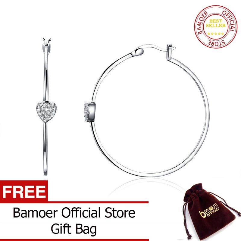 BAMOER Authentic 925 Sterling Silver Big Circle Love Heart Shape Clear CZ Drop Earrings for Women Wedding Silver Jewelry SCE518 Jan