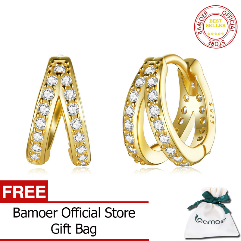 BAMOER 925 Sterling Silver Zircon Crystal Double Rings Ear Buckle Earrings Hoop for Women Wedding SCE1187
