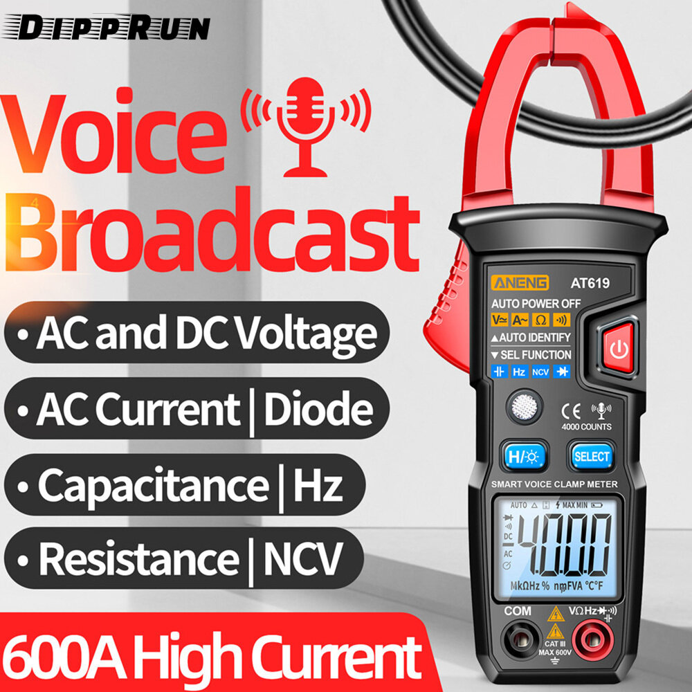 DIPPRUN ANENG AT619 Clamp Meter with Voice Broadcast Multimeter Tester Measures AC/DC Current Voltage Resistance Diodes