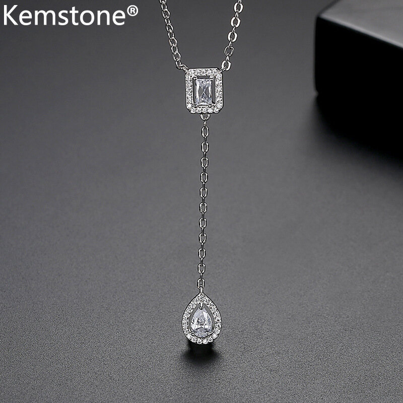 Kemstone Elegant Water Drop Silver Gold Plated Crystal Women Long Pendant Necklace Female Jewelry Gift