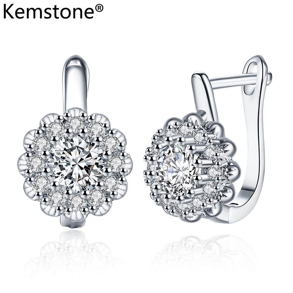 Kemstone Gold Plated Women Ear Stud Flower Crystal Stud Earrings