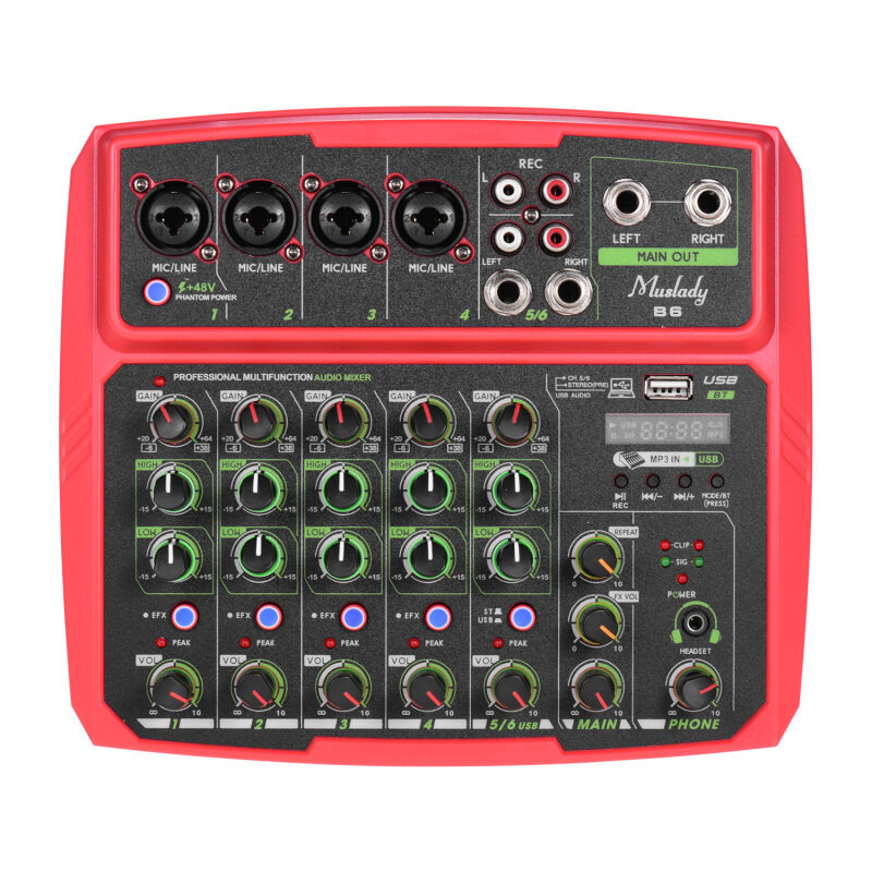 Muslady B6 Portable 6 Channels Audio Mixer USB Mixing Console Supports BT Connection with Sound Card Built-in 48V Phantom Power