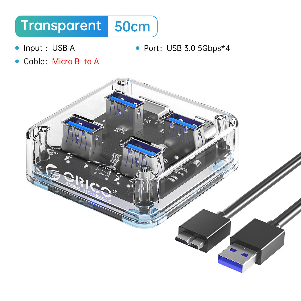 Orico usb hub transparent 4 port usb splitter switch usb3.0 5gbps high speed for moblie phone computer laptop pc tablet
