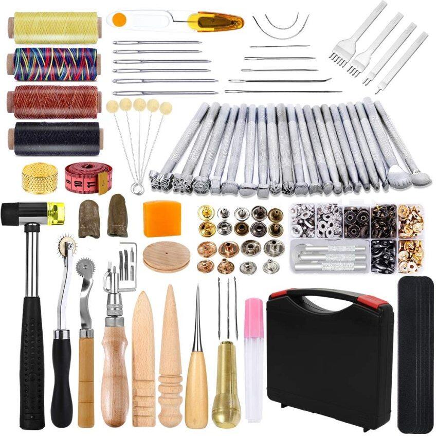 128 Pieces Leather Tool Kit, Leather Work Tool, Leather Tools and Supplies with Leather Stamping Tools Rivets Kit Prong Punch for Leather Crafting Beginner Leather Craft Making