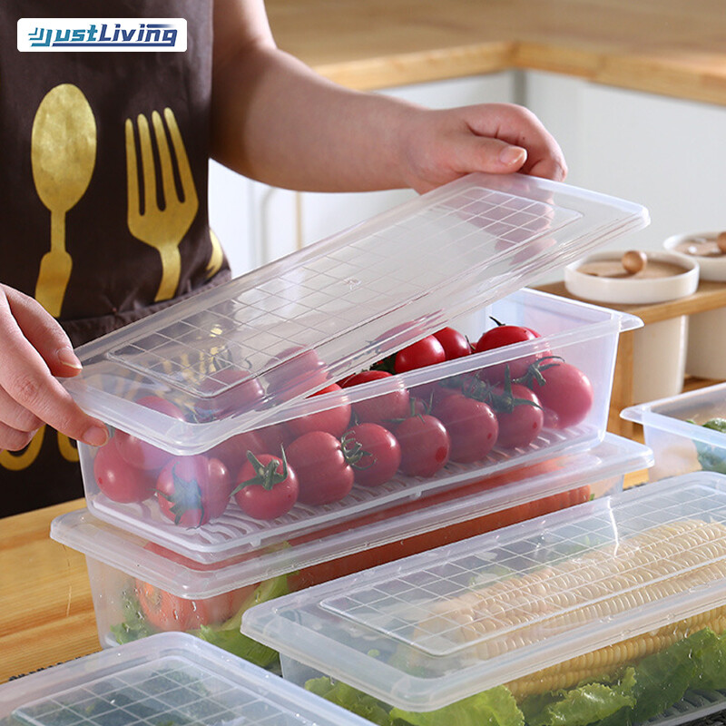 JustLiving Kitchen Rectangular Refrigerator Drainage Storage Box Plastic Fruit Box Food Sealed Frozen Storage