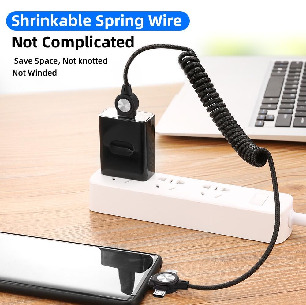 FLOVEME 3 in 1 USB Cable Data Transmission Spring Retractable Charing Charger Type C Lightning Micro USB Data Cable For iphone Samsung Xiaomi Android Phone