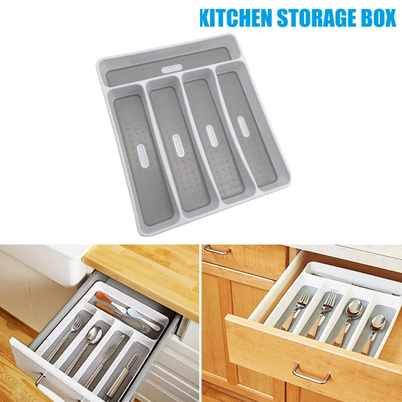 Kitchen Organizer 5 Grids Box Tray PP Cutlery Tray Kitchen Drawer Organizer Separation Cutlery Organizer for Spoon and Fork Organizers Shelf Tableware Storage Box Kitchen Accessories