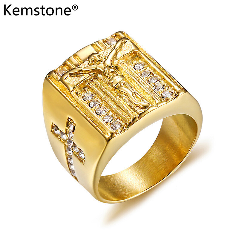 Kemstone Fashion Titanium Gold Color Cubic Zirconia Cross Jesus Rings for Men Jewelry Gifts