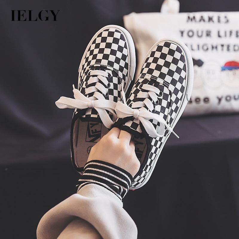 IELGY Korean version of black and white grid canvas shoes retro Hong Kong style couple shoes for men and women