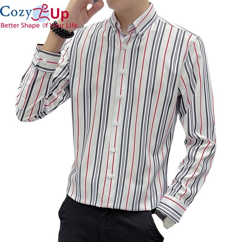 Cozy Up Men Long Sleeve Shirt Lapel Business Casual Striped Batik Slim Fit