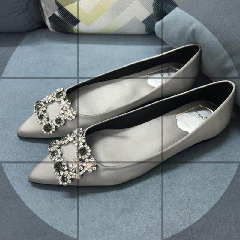 Newland Women Plus Size Flat Shoes Size 34-44 New Korean Fashion Loafers Wild Satin Rhinestone Women Shoes Pointed Flat Shoes Shallow Mouth Bridesmaid Wedding Shoes