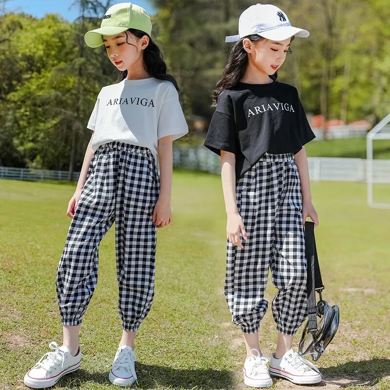 FORHER FORHIM new 2022 students han edition loose cotton baby clothes girls summer Leisure fashionable white baby 6-10 years old plaid pants black suit children cuhk white pants FH1535