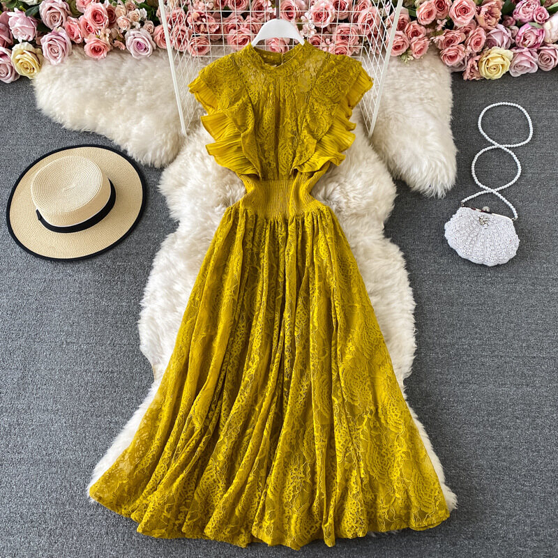 Elegant and Chic Lace Round Neck Dress Long Sleeve Fashion Slim Fit Elegant Ruffled Large Swing Long Dress Dress Skirt Spring and Autumn New Style