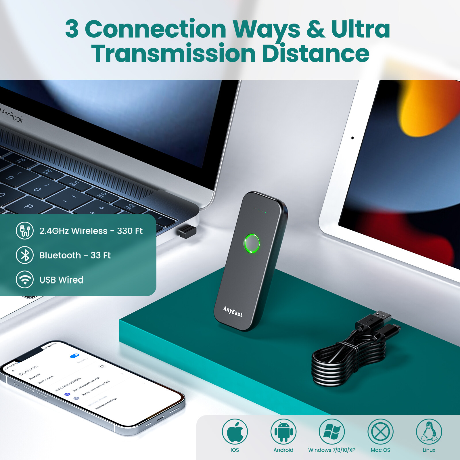Anyeast xách tay 3-trong-1 Mini 2D bluetooth không dây & 2.4G & có dây USB QR 1D 2D Đầu đọc mã vạch cho hàng tồn kho Bảng Máy Tính làm việc với Windows POS IOS Android