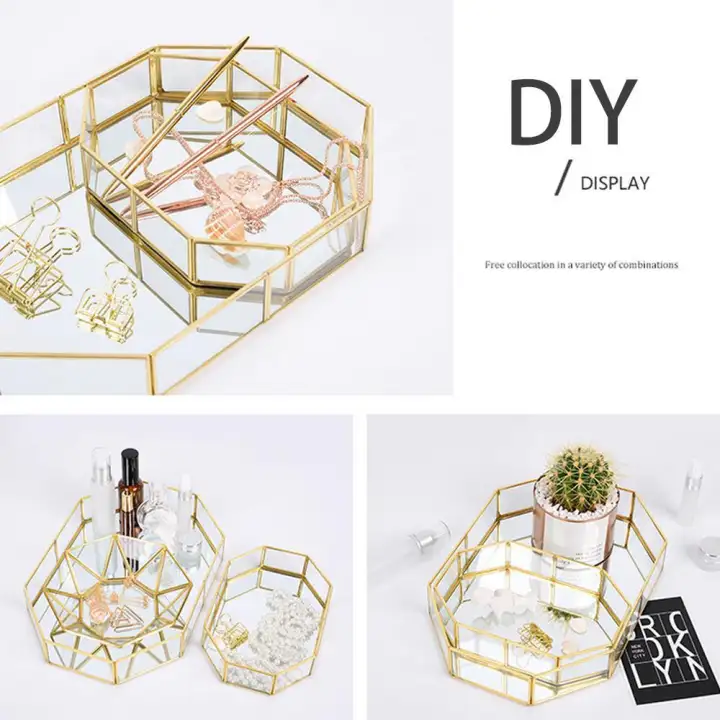 Silynew Vintage Glass Storage Tray Metal Mirror Gold Finish Silynew Vintage Glass Storage Tray