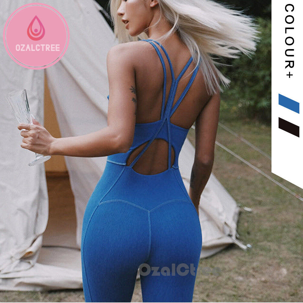 OzalCtree Yoga Tracksuit Blue Jumpsuit Women Sport Bra Sexy Bodysuit Combinaison Femme Gym Set Skinny Romper One Piece Outfit