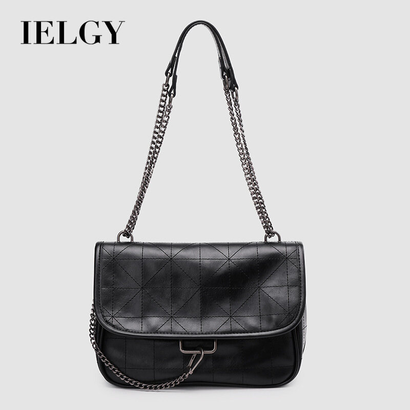 IELGY Black chain fashion rock rhombus cover one-shoulder soft messenger bag all-match