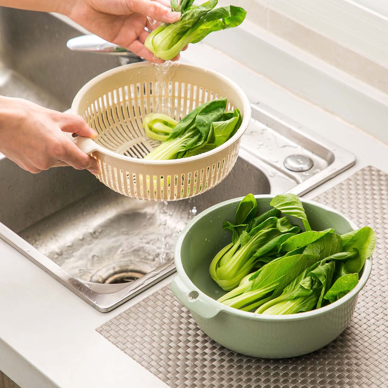 Homenhome Giỏ Trái Cây Rỗng Hai Lớp Giỏ Thoát Nước Bồn Rửa Nhà Bếp