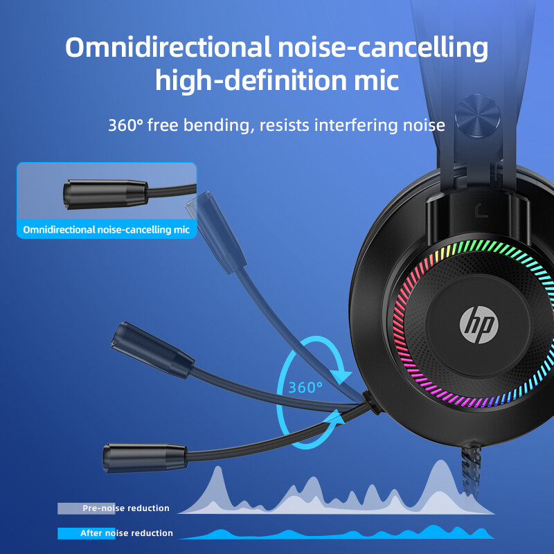 HP Wired Gaming Headset - Noise-cancelling Stereo Sound Effect LED Light Effect GH10 / 3.5mm*2+USB Plug