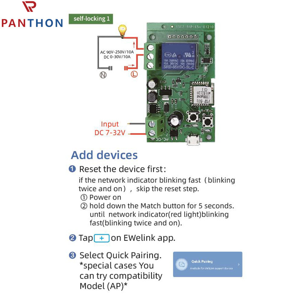 PANTHON EWelink Smart WiFi Relay Module DC 5V 12V 24V Switch Relay Timer Wireless Remote Control Inching/Self-locking for Google Home