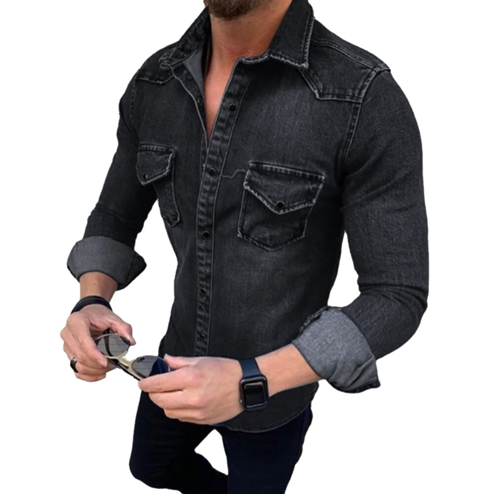 Meek Fantisia Men Fashion Pockets Turn Down Collar Long Sleeve Outerwear Slim Buttons Shirt