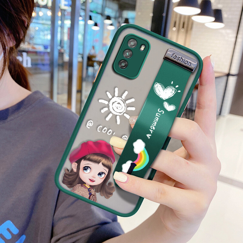 (With Wristband)Hontinga Casing Case For Xiaomi Poco M3 Case Poco M3 Pro M4 5G M5S Case Cartoon Red Hat Girl's Shockproof Frosted Back Full Lens Camera Protector Transparent Phone Case Hard Case For Girls