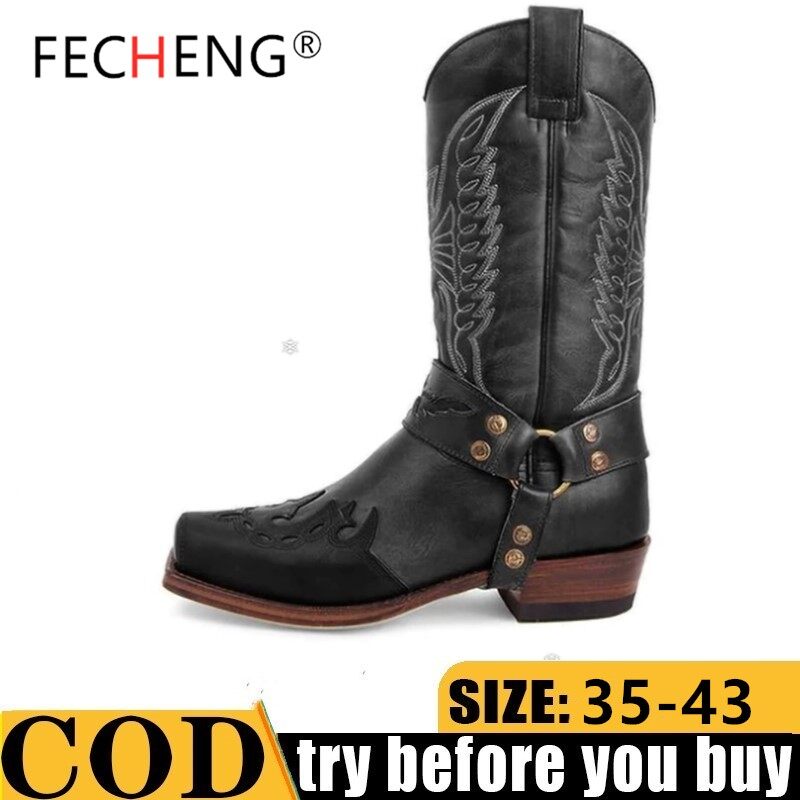 FECHENG Genuine Leather Shoes Men Boots Mid-calf Knight Boots Winter Shoes Retro Embroidery Autumn Winter Boots Male Footwear Plus Size