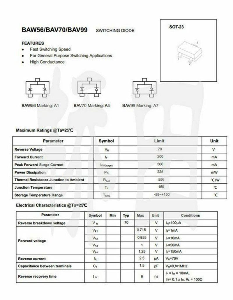 50 Cái Bóng Bán Dẫn Chuyển Mạch BAV99 A7 0.2A 70V SOT-23 SMD