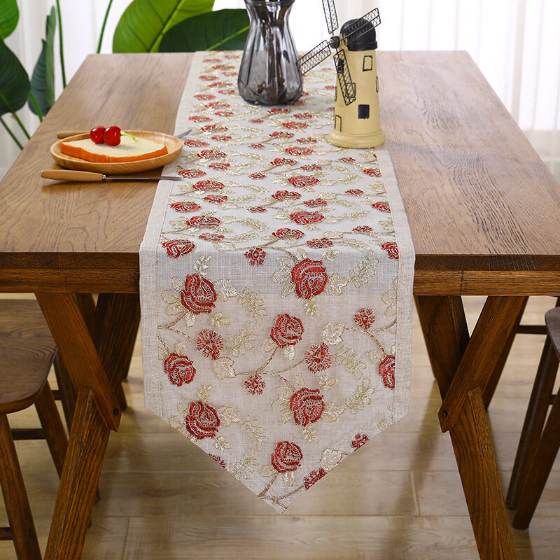 Linen embroidered table runner wedding Chinoiserie style red classical table cloth lace tea table cloth luxury decorative tablecloth TV cabinet coffee table cloth lace dust cover