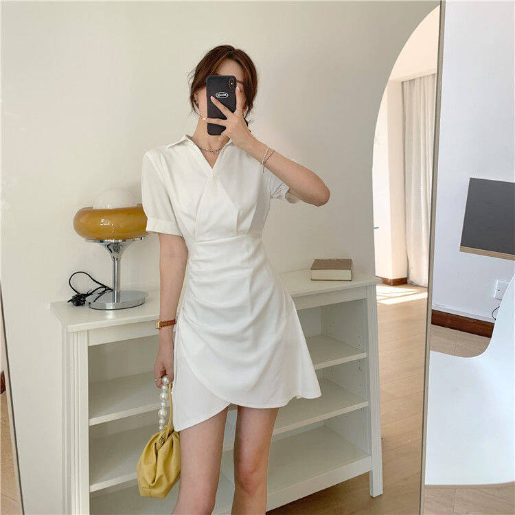IELGY Đầm Trắng Eo Cao Mỏng Phong Cách Pháp Cho Nữ